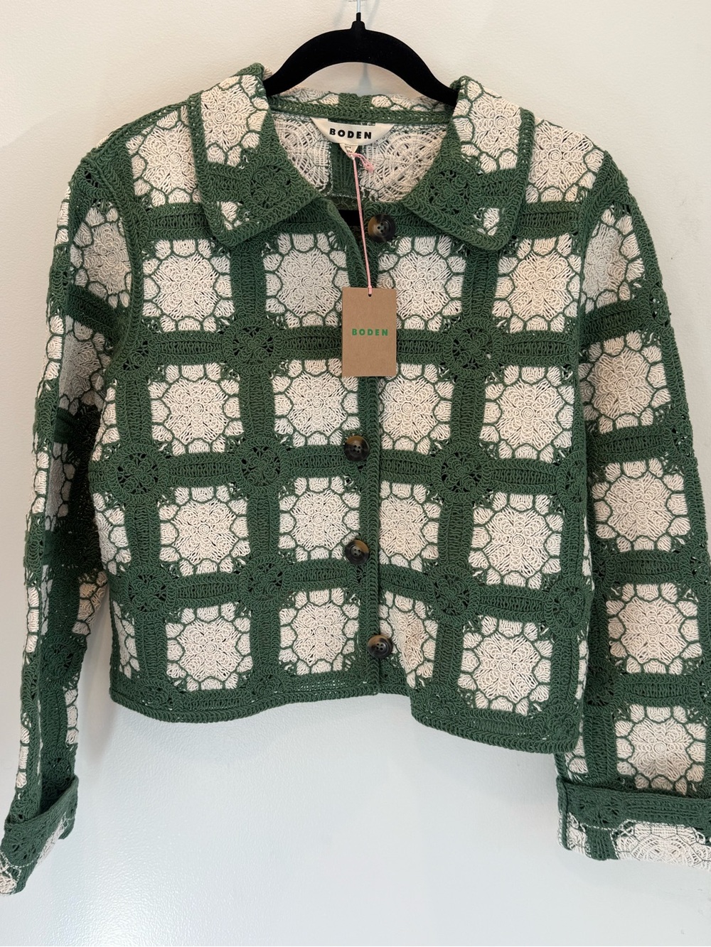 Boden Green and Cream Crochet Boxy Button-Front Jacket